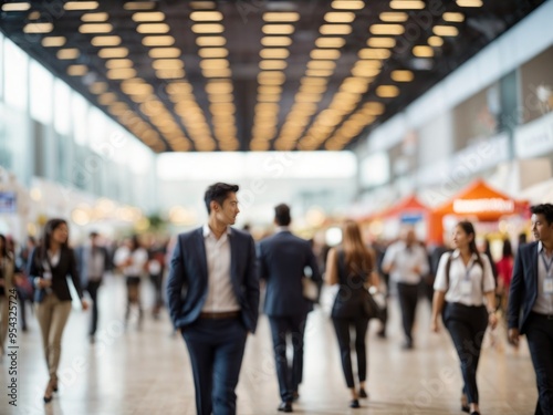 blurred business people walking at a trade fair