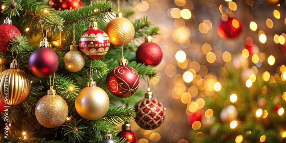Festive Christmas ornaments hanging on a beautifully decorated tree, decorations, holiday, seasonal, winter, festive, celebration Festive Christmas ornaments hanging on a beautifully decorated tree, decorations, holiday, seasonal, winter, festive, celebration