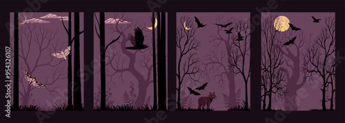 vector drawing set of cards with night forest landscape with trees, bats, plants silhouettes and moon, hand drawn illustration, halloween posters, cover design,