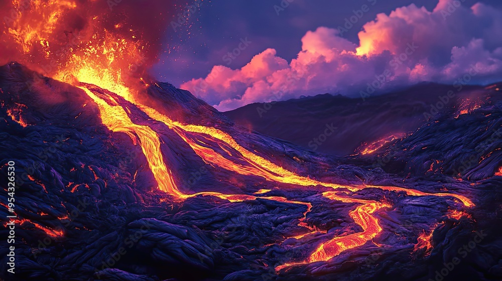 Molten Lava Flowing Down a Volcanic Mountainside