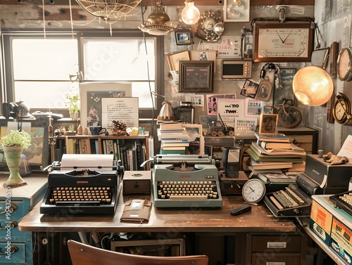 Illustration of A trendy home office space transformed by cluttercore, featuring an array of vintage typewriters, piles of inspirational magazines, and a mix of modern and antique decor. Ai Generate.
 photo