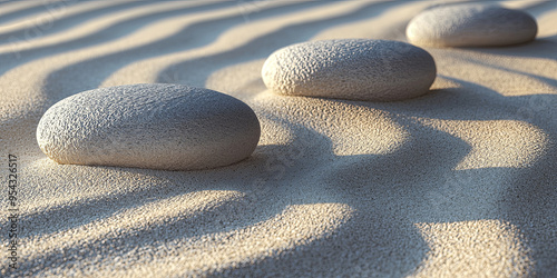 Rounded rocks placed on undulating sand, generative AI