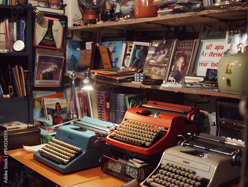 Illustration of A trendy home office space transformed by cluttercore, featuring an array of vintage typewriters, piles of inspirational magazines, and a mix of modern and antique decor. Ai Generate.
 photo