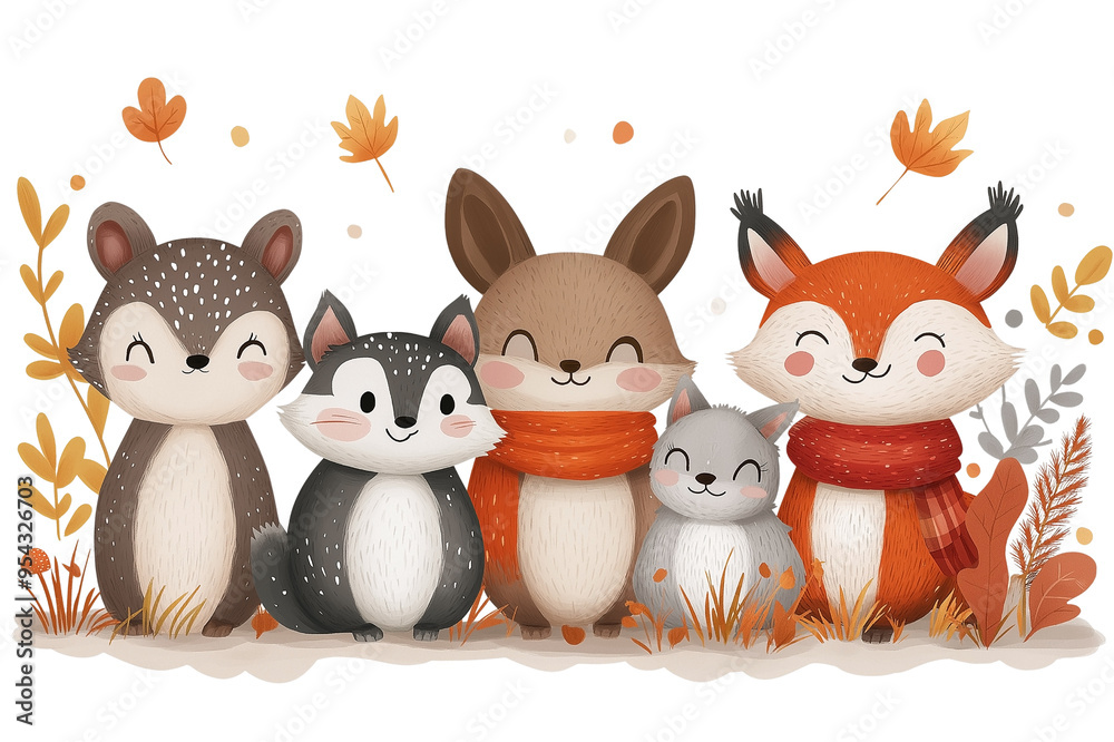 Cute happy cozy Forest Animals family illustrations on Transparent background, in the style of polychrome terracotta, Woodland Designs, Autumn, scrapbook Cute happy cozy Forest Animals family illustrations on Transparent background, in the style of polychrome terracotta, Woodland Designs, Autumn, scrapbook