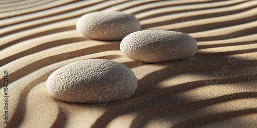 Rounded rocks placed on undulating sand, generative AI photo