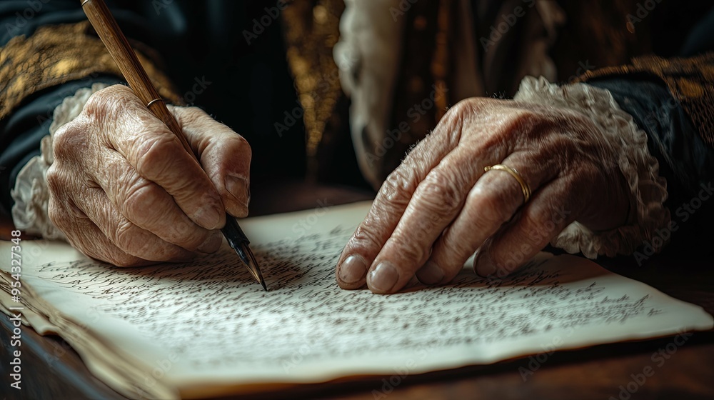 Ancient Scribe: Hands Write History with Antique Quill and Ink Ancient Scribe: Hands Write History with Antique Quill and Ink