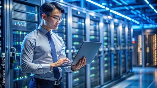Trained IT asia professional navigating network of servers in industrial place. Manager with laptop ensuring perfect operations, doing optimizations and maintenance in data center