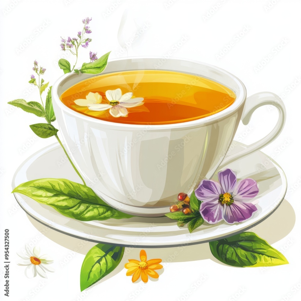 Aromatic Herbal Infusion: A steaming cup of herbal tea, adorned with delicate flowers, invites you to unwind and embrace tranquility. 