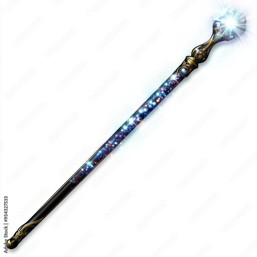 Naklejka premium Cosmic Sorcerer's Wand: A sleek, black wand, adorned with swirling galaxies and topped with a glowing crystal ball, radiating magic and power.