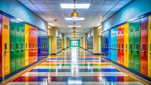 Vibrant colors and playful atmosphere fill a deserted school hallway, locked doors and empty classrooms signaling the photo