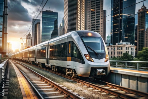 A modern train travels along elevated tracks in a bustling city during sunset, highlighting urban life and transportation