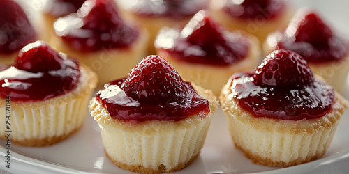 A close up of strawberry jam-filled mini cheesecakes, generative AI