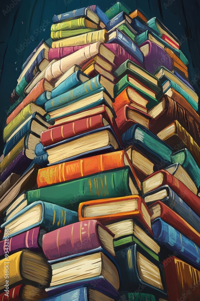 Tower of Knowledge - Vibrant Vertical Stack of Books Illustration with Colorful Spines Creating Depth and Height Tower of Knowledge - Vibrant Vertical Stack of Books Illustration with Colorful Spines Creating Depth and Height