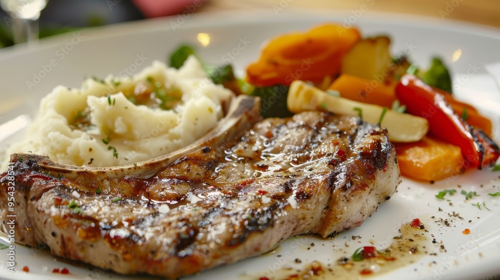 Deliciously seasoned meat served with creamy mashed potatoes and flavorful roasted vegetables Deliciously seasoned meat served with creamy mashed potatoes and flavorful roasted vegetables