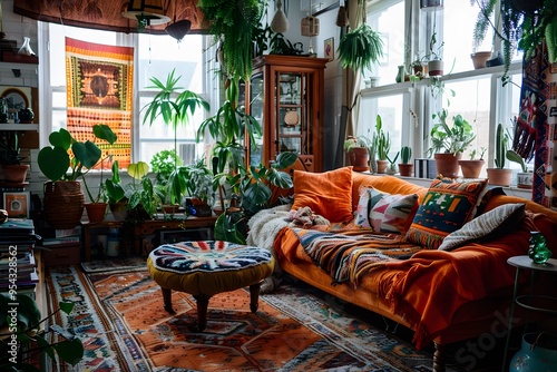 Illustration of A trendy living room bursting with cluttercore charm, vibrant bohemian patterns, mismatched furniture, and a riot of indoor plants. Ai Generate.
