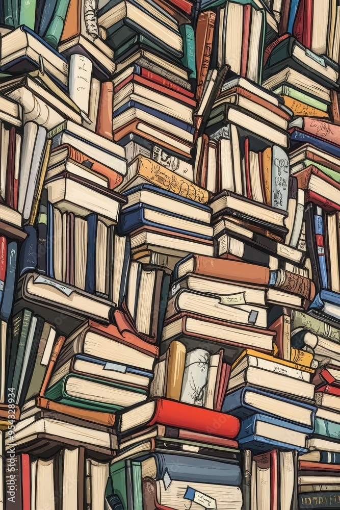 Bookworm's Delight: Vertical Stack of Books with Colorful Bookmarks Illustration Bookworm's Delight: Vertical Stack of Books with Colorful Bookmarks Illustration