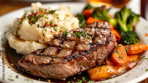 Deliciously seasoned meat served with creamy mashed potatoes and flavorful roasted vegetables