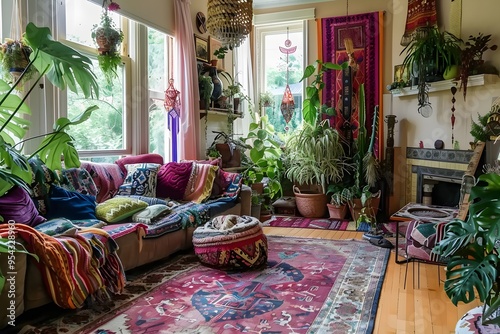 Illustration of A trendy living room bursting with cluttercore charm, vibrant bohemian patterns, mismatched furniture, and a riot of indoor plants. Ai Generate.
 photo