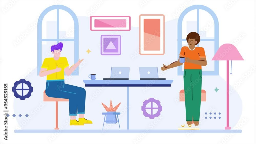 two colleagues work using laptop in modern office room illustration business animated video two colleagues work using laptop in modern office room illustration business animated video