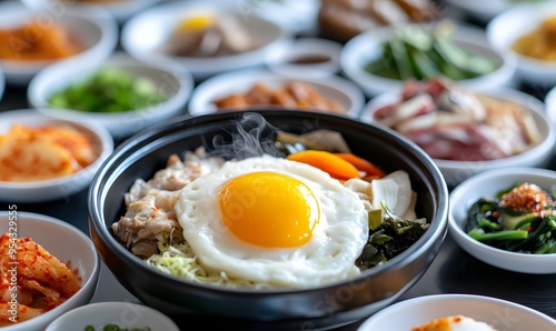  Freshly made and steaming Korean breakfast, Generative AI