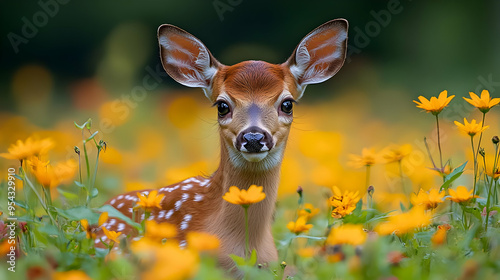 Cute Fawn in a Field of Yellow Flowers - Realistic Image