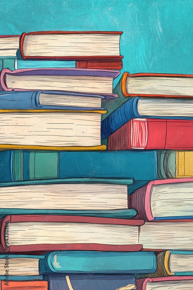 Fototapeta premium Pages in Motion: Vertical Stack of Open Books Illustration