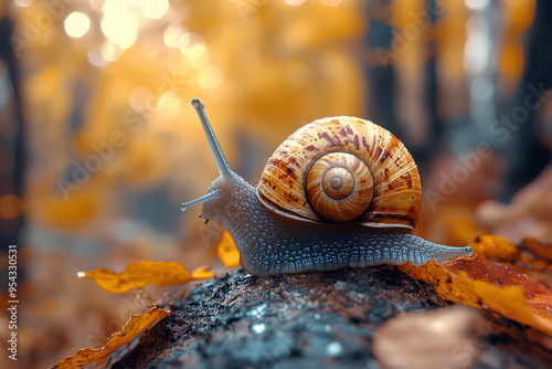 Big snail in shell crawling on road, Close up shot of snail, Snail animal in the forest photo