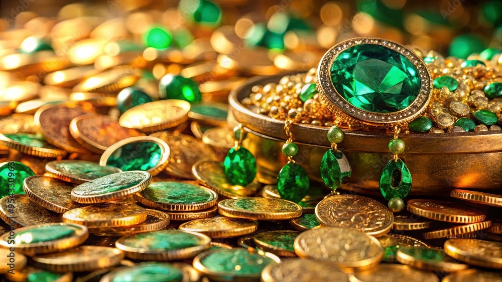 Opulent display of emerald gemstones and golden pennies exuding wealth and radiance in a luxurious setting Opulent display of emerald gemstones and golden pennies exuding wealth and radiance in a luxurious setting