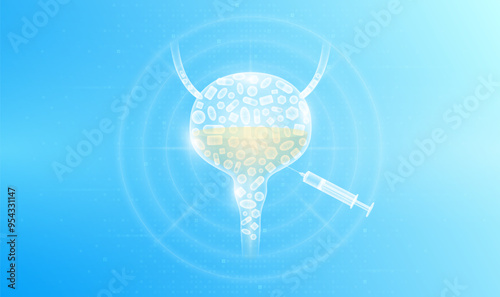 Medicine pills various in bladder human and syringe. Overtreatment with antibiotics can have harmful effects on the organs. Medical science health care concept. Vector EPS10.