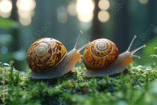 Big snail in shell crawling on road, Close up shot of snail, Snail animal in the forest photo