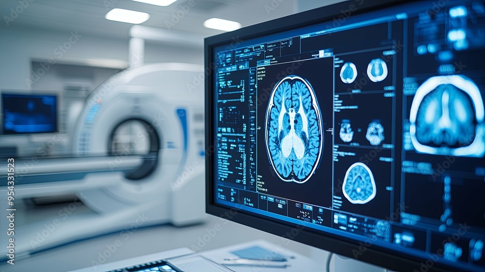 Brain Scan Displayed on Monitor Shows MRI Results in Hospital Radiology Department