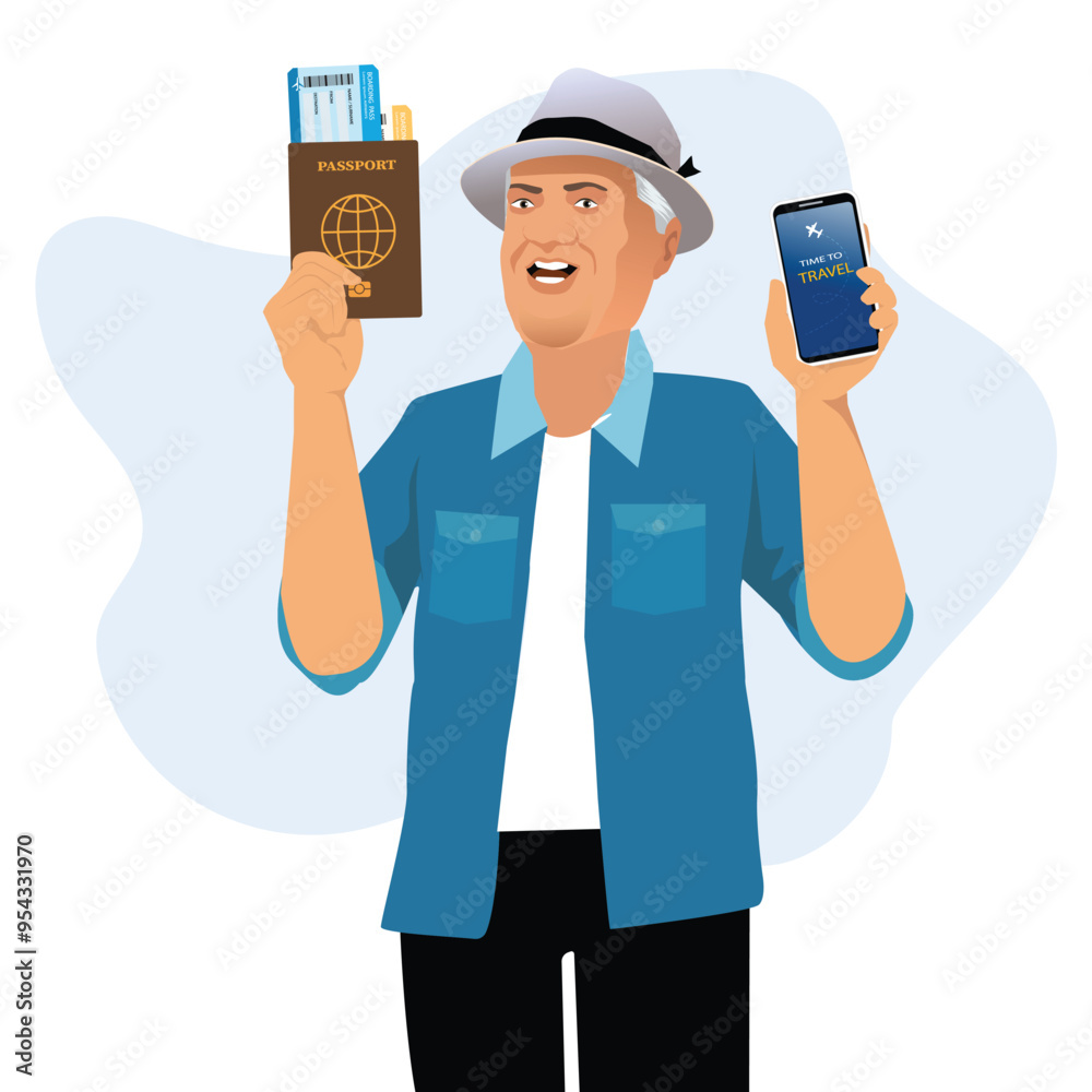 senior man showing passport with tickets and time to travel text on screen phone. person holding boarding pass and mobilephone. flat design in vector senior man showing passport with tickets and time to travel text on screen phone. person holding boarding pass and mobilephone. flat design in vector