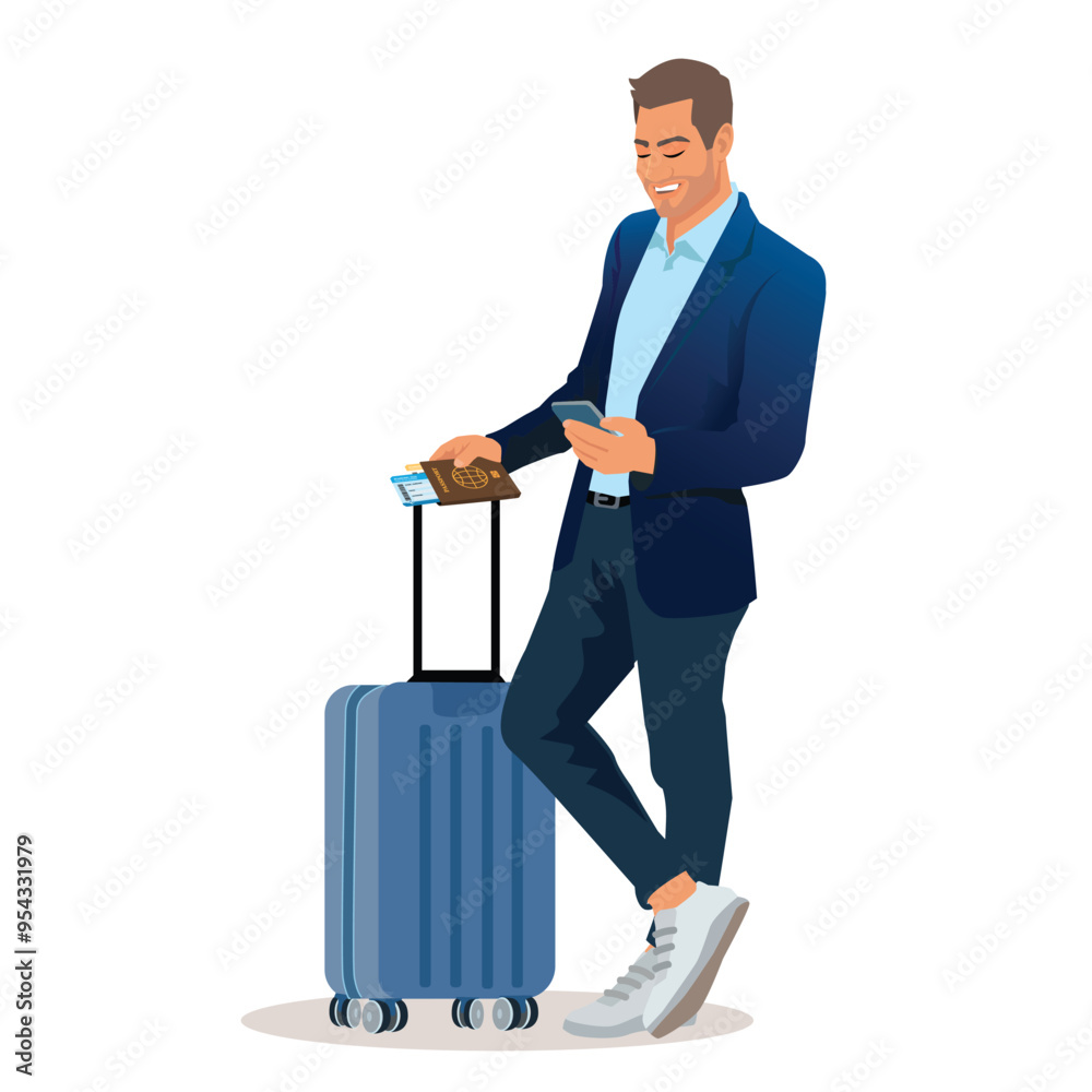 man with a smartphone and hold big luggage tickets arrive abroad check-in like true plane airport passenger wear denim jeans shirt isolated on white background. man with a smartphone and hold big luggage tickets arrive abroad check-in like true plane airport passenger wear denim jeans shirt isolated on white background.