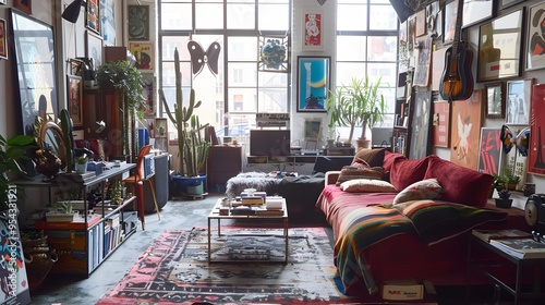 Illustration of A trendy studio apartment with a cluttercore twist, showcasing an artful mess of trendy decor, eclectic furniture, and personal treasures on every surface. Ai Generate.
 photo