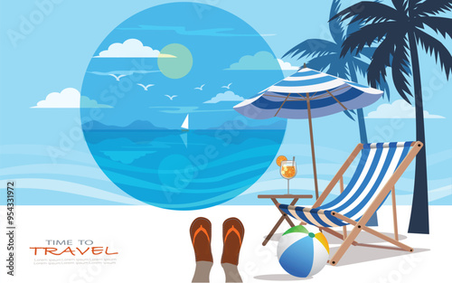 Time to travel  vector design.  beach umbrellas , orange juice and chairs. Summer vacation  for beach holiday.illustration