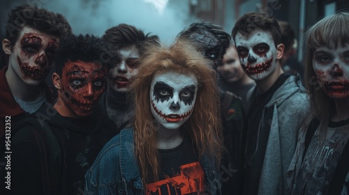 A group of teenagers dressed as zombies and vampires, standing in the middle of a street covered in fog from Halloween decorations, looking directly into the camera.