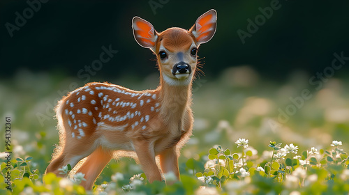 Cute Fawn in a Meadow of White Flowers - Realistic Animal Illustration