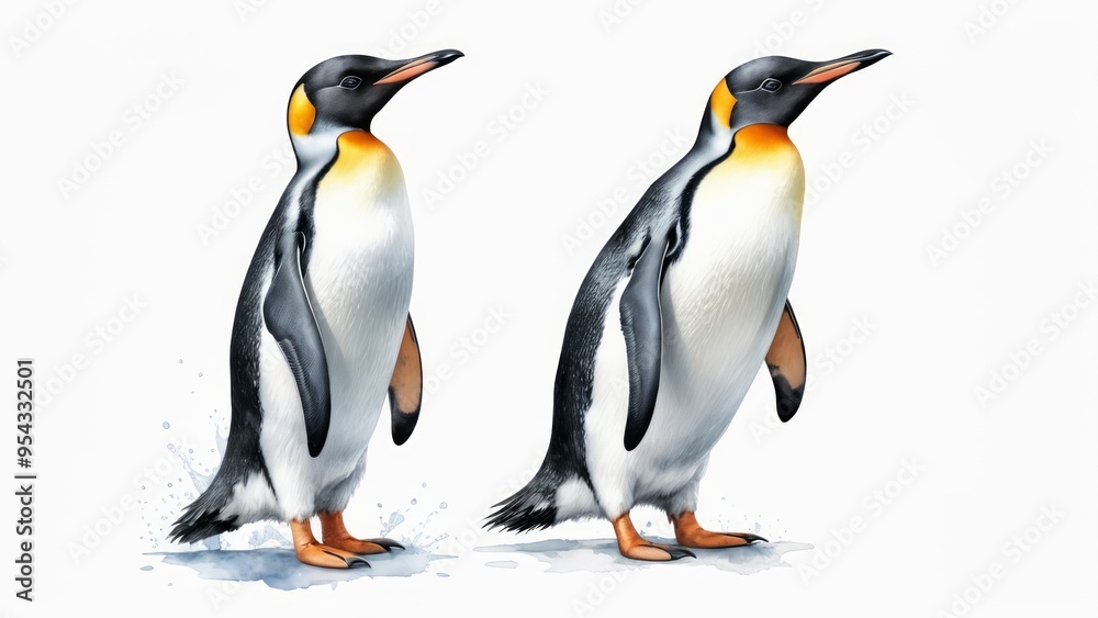 Fototapeta premium Penguins in a watercolor style set against a pure white solid background