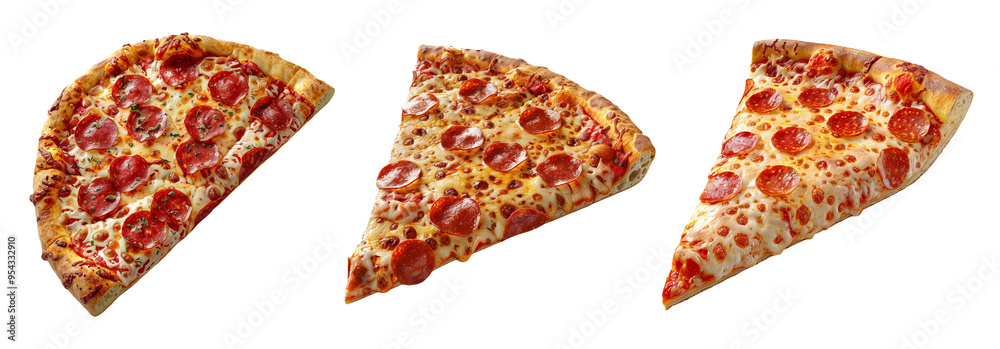 Pepperoni pizza slices set isolated on transparent background with various angles of pizza slices for food, snack, and Italian cuisine themes. Pepperoni pizza slices set isolated on transparent background with various angles of pizza slices for food, snack, and Italian cuisine themes.