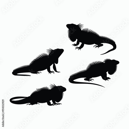 Iguana Silhouette Vector Set Animals Flat Illustration Template