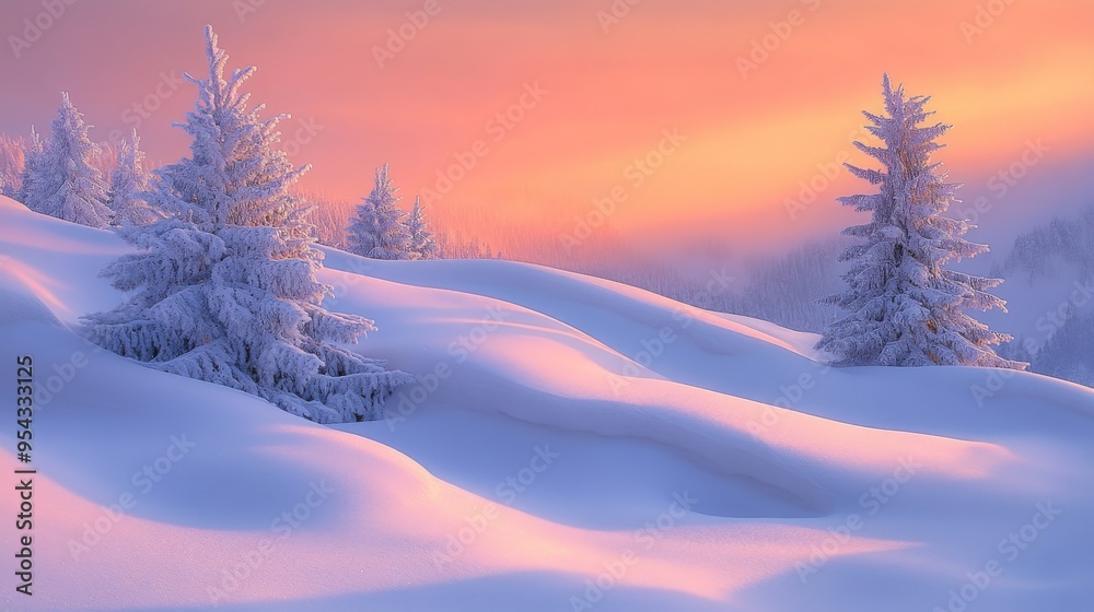 Frosty Pine Trees on a Snowy Mountainside at Sunset Frosty Pine Trees on a Snowy Mountainside at Sunset