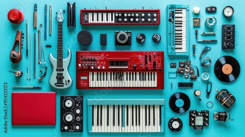 A vibrant arrangement of musical instruments and equipment on a teal background, perfect for music projects and creative endeavors.