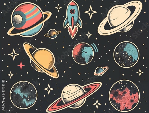 A whimsical space-themed pattern featuring rockets, planets, and stars on a dark background, using a playful design that captures the imagination and spirit of adventure