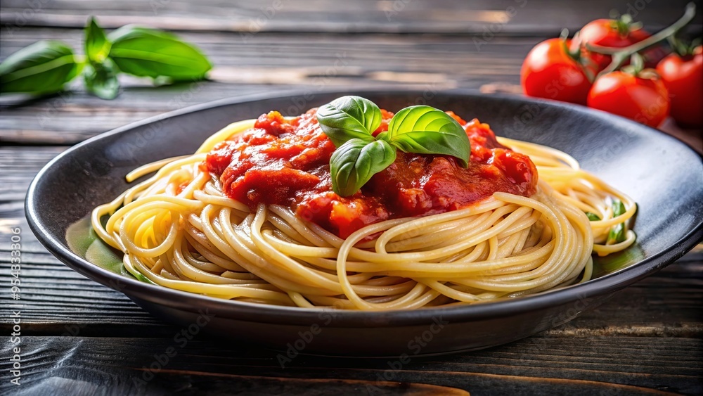 Close up of a gourmet plate of spaghetti with tomato sauce and a fresh basil leaf Close up of a gourmet plate of spaghetti with tomato sauce and a fresh basil leaf