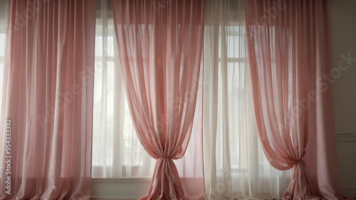 Delicate pink silk curtain on the window  soft pastel light in room interior.