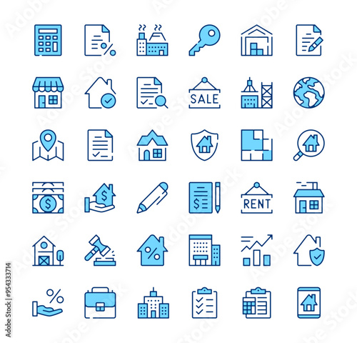 Real estate icons. Outline symbols. Vector blue line icons set