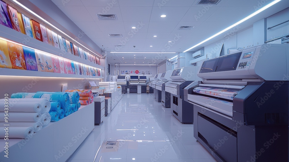 Obraz premium a boutique digital textile print shop, A beautifully arranged display wall showcases custom-printed products such as pillows, t-shirts, and blankets, while heavy-duty sewing machines in the foreground
