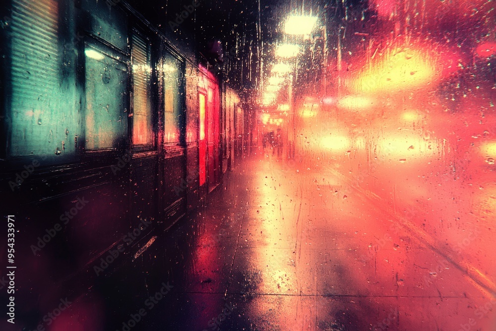 A Wet Window View of a Train Platform at Night A Wet Window View of a Train Platform at Night