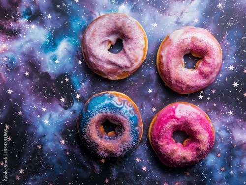 Four colourful, galaxy-themed donuts arranged on a cosmic backdrop, combining vibrant icing with a space-inspired aesthetic that merges food with fantasy.