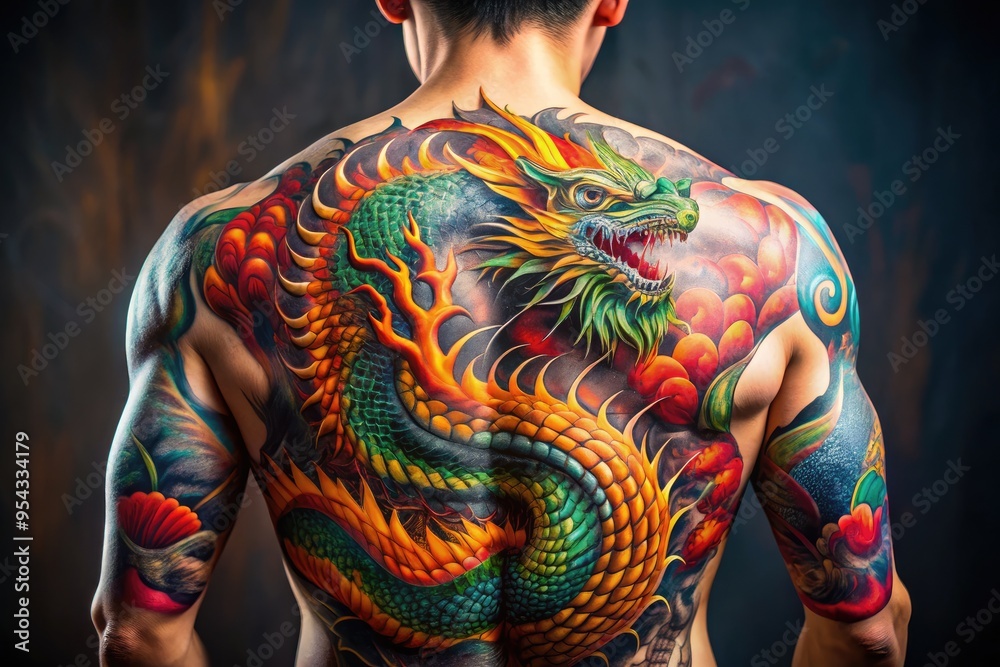 Obraz premium Vibrant dragon tattoo sprawling across a person's back, intricate scales and fiery breath depicted in bold colors, with subtle skin texture and natural folds.